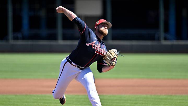 Feb 25, 2026; North Port, Florida, USA;  Atlanta Braves starting pitcher Bryce Elder (55) throws a pitch in the first inning against the Pittsburgh Pirates during spring training at CoolToday Park. Mandatory Credit: Jonathan Dyer-Imagn Images