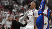Texas Tech's guard Darrion Williams (5) celebrates his 3-pointer against Kansas in a Big 12 basketball game, Monday, Feb. 12, 2024, at United Supermarkets Arena.