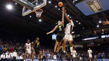 Mar 14, 2023; Dayton, OH, USA; Pittsburgh Panthers forward Guillermo Diaz Graham (25) blocks a shot from Mississippi State Bulldogs forward Tolu Smith (1) in the second half in the second half at UD Arena. Mandatory Credit: Rick Osentoski-USA TODAY Sports