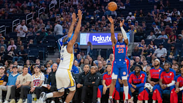 Oct 13, 2024; San Francisco, California, USA;  Detroit Pistons guard Jaden Ivey (23) shoots: Neville E. Guard-Imagn Images