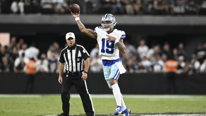 Aug 17, 2024; Paradise, Nevada, USA; Dallas Cowboys quarterback Trey Lance (19) throws a pass against the Las Vegas Raiders in the second quarter at Allegiant Stadium. 