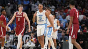 Mar 28, 2024; Los Angeles, CA, USA; North Carolina Tar Heels forward Armando Bacot (5) reacts in the second half against the Alabama Crimson Tide in the semifinals of the West Regional of the 2024 NCAA Tournament at Crypto.com Arena. Mandatory Credit: Kirby Lee-USA TODAY Sports