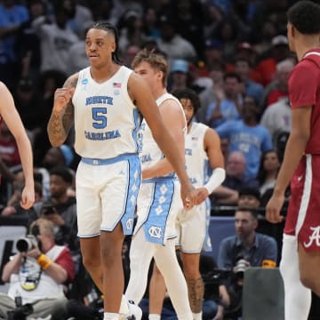 Mar 28, 2024; Los Angeles, CA, USA; North Carolina Tar Heels forward Armando Bacot (5) reacts in the second half against the Alabama Crimson Tide in the semifinals of the West Regional of the 2024 NCAA Tournament at Crypto.com Arena. Mandatory Credit: Kirby Lee-USA TODAY Sports
