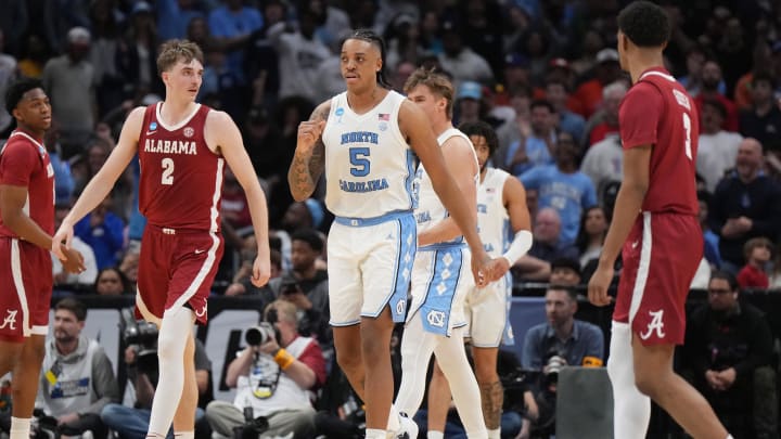 Mar 28, 2024; Los Angeles, CA, USA; North Carolina Tar Heels forward Armando Bacot (5) reacts in the second half against the Alabama Crimson Tide in the semifinals of the West Regional of the 2024 NCAA Tournament at Crypto.com Arena. Mandatory Credit: Kirby Lee-USA TODAY Sports Mar 28, 2024; Los Angeles, CA, USA; North Carolina Tar Heels forward Armando Bacot (5) reacts in the second half against the Alabama Crimson Tide in the semifinals of the West Regional of the 2024 NCAA Tournament at Crypto.com Arena. Mandatory Credit: Kirby Lee-USA TODAY Sports