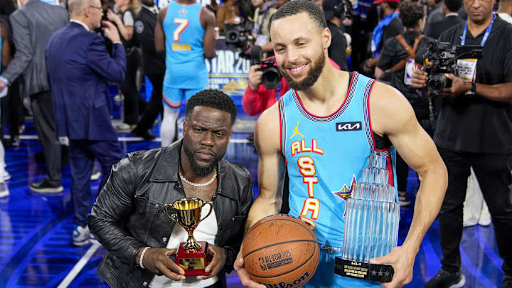 American actor Kevin Hart poses with Shaq’s OGs guard Stephen Curry of the Golden State Warriors at 2025 NBA All Star Game