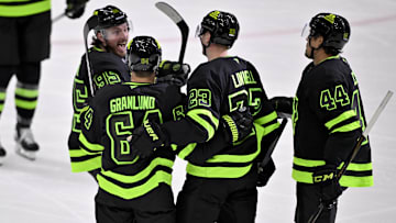 Mar 22, 2025; Dallas, Texas, USA; Dallas Stars center Matt Duchene (95) and center Mikael Granlund (64) and defenseman Esa Lindell (23) and defenseman Cody Ceci (44) celebrates a goal scored by Lindell during the first period against the Philadelphia Flyers at the American Airlines Center. Mandatory Credit: Jerome Miron-Imagn Images