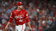 Sep 20, 2024; St. Louis, Missouri, USA;  St. Louis Cardinals starting pitcher Kyle Gibson (44) looks on after giving up a solo home run to Cleveland Guardians second baseman Andres Gimenez (not pictured) during the sixth inning at Busch Stadium. Mandatory Credit: Jeff Curry-Imagn Images