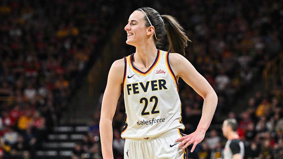 Indiana Fever guard Caitlin Clark (22) reacts during the first quarter against the Brazil National Team at Carver-Haweye Arena. | Jeffrey Becker-Imagn Images