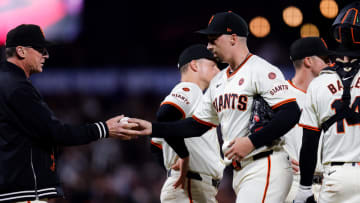 Aug 12, 2024; San Francisco, California, USA; San Francisco Giants pitcher Blake Snell (7) is removed from the game during the seventh inning against the Atlanta Braves at Oracle Park.