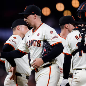 Aug 12, 2024; San Francisco, California, USA; San Francisco Giants pitcher Blake Snell (7) is removed from the game during the seventh inning against the Atlanta Braves at Oracle Park.