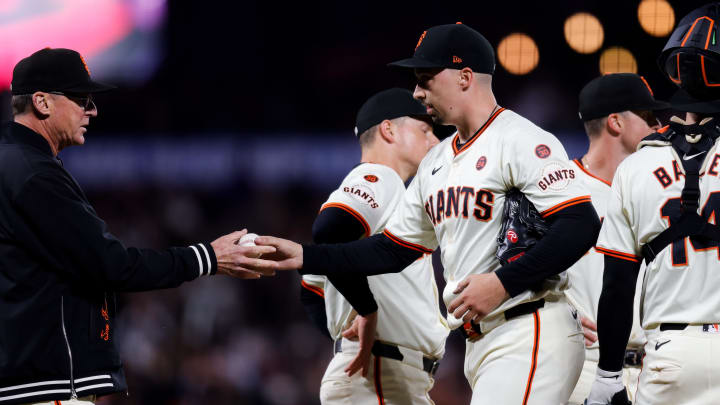 Aug 12, 2024; San Francisco, California, USA; San Francisco Giants pitcher Blake Snell (7) is removed from the game during the seventh inning against the Atlanta Braves at Oracle Park.