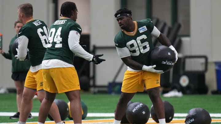 Green Bay Packers defensive tackle Colby Wooden (96) is shown during organized team activities Tuesday, May 21, 2024 in Green Bay, Wisconsin.