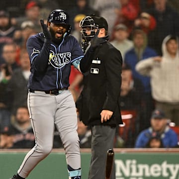 Tampa Bay Rays third baseman Junior Caminero (13) reacts after being walked allowing for a run to score against the Boston Red Sox Brian Fluharty-Imagn Images