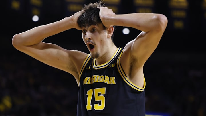 Jan 27, 2026; Ann Arbor, Michigan, USA;  Michigan Wolverines center Aday Mara (15) reacts in the second half against the Nebraska Cornhuskers at Crisler Center. Mandatory Credit: Rick Osentoski-Imagn Images
