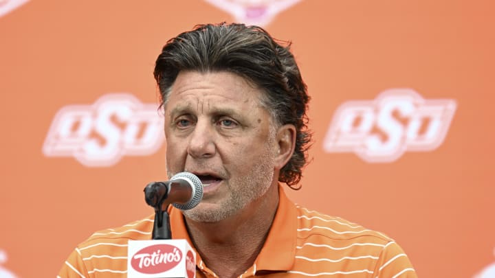 Jul 9, 2024; Las Vegas, NV, USA; Oklahoma State Cowboys head coach Mike Gundy speaks to the media during the Big 12 Media Days at Allegiant Stadium. Mandatory Credit: Candice Ward-USA TODAY Sports