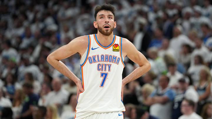 May 26, 2025; Minneapolis, Minnesota, USA; Oklahoma City Thunder forward Chet Holmgren (7) reacts against the Minnesota Timberwolves in the second half during game four of the western conference finals for the 2025 NBA Playoffs at Target Center. Mandatory Credit: Jesse Johnson-Imagn Images