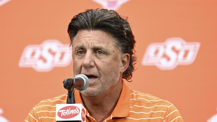 Jul 9, 2024; Las Vegas, NV, USA; Oklahoma State Cowboys head coach Mike Gundy speaks to the media during the Big 12 Media Days at Allegiant Stadium. Mandatory Credit: Candice Ward-USA TODAY Sports