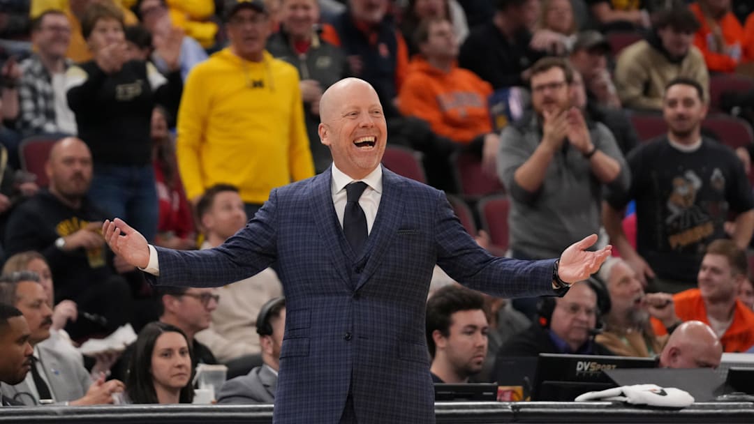 Mar 14, 2026; Chicago, IL, USA; UCLA Bruins head coach Mick Cronin reacts after being called for a technical against the Purdue Boilermakers during the first half at United Center. Mandatory Credit: David Banks-Imagn Images