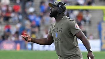 Nov 30, 2024; Pasadena, California, USA; UCLA Bruins head coach DeShaun Foster on the sidelines during the third quarter against the Fresno State Bulldogs at Rose Bowl. Mandatory Credit: Robert Hanashiro-Imagn Images