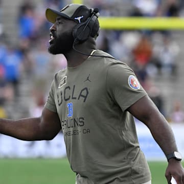 Nov 30, 2024; Pasadena, California, USA; UCLA Bruins head coach DeShaun Foster on the sidelines during the third quarter against the Fresno State Bulldogs at Rose Bowl. Mandatory Credit: Robert Hanashiro-Imagn Images