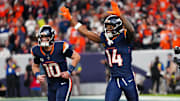 Sep 29, 2025; Denver, Colorado, USA; Denver Broncos wide receiver Courtland Sutton (14) celebrates after scoring a touchdown  on a pass from Denver Broncos quarterback Bo Nix (10) during the second quarter against the Cincinnati Bengals at Empower Field at Mile High. 