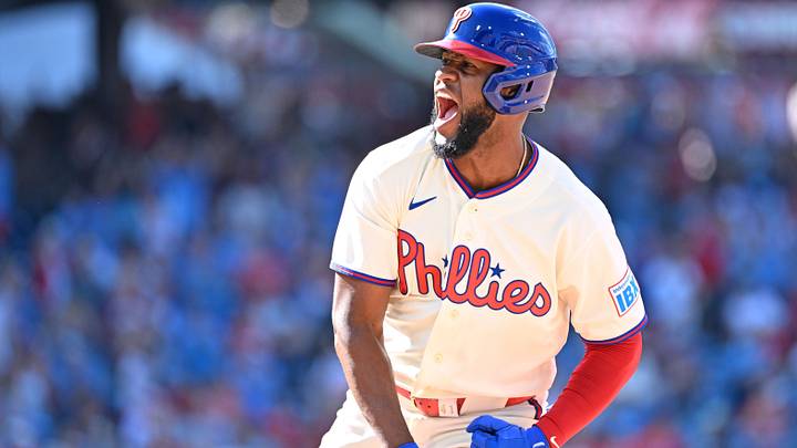 Aug 23, 2026; Philadelphia, Pennsylvania, USA; Philadelphia Phillies right fielder Bryan de la Cruz (41) reacts after hitting a game-tying RBI single during the ninth inning against the St. Louis Cardinals at Citizens Bank Park. Mandatory Credit: Eric Hartline-Imagn Images