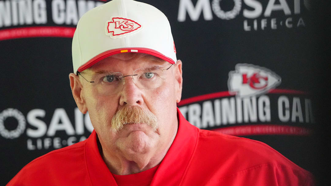Kansas City Chiefs head coach Andy Reid speaks to media after training camp at Missouri Western State University. Mandatory Credit: Denny Medley-Imagn Images