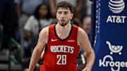 Feb 8, 2025; Dallas, Texas, USA; Houston Rockets center Alperen Sengun (28) in action during the game between the Dallas Mavericks and the Houston Rockets at the American Airlines Center. Mandatory Credit: Jerome Miron-Imagn Images