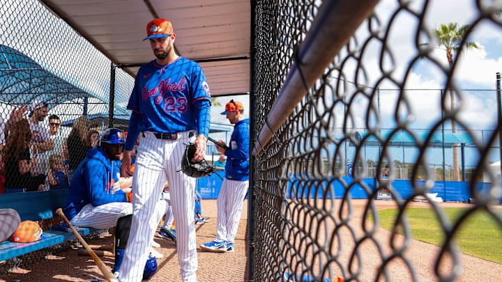 Feb 17, 2026; Port St. Lucie, FL, USA; New York Mets pitcher David Peterson (23) walks inside a dugout during spring training at Clover Park. Mandatory Credit: Sam Navarro-Imagn Images