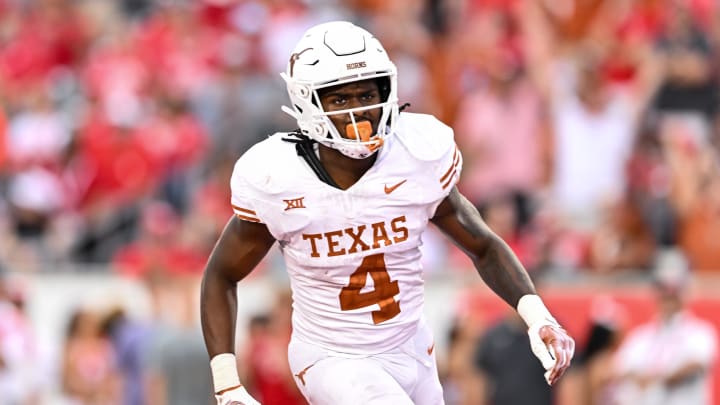 Oct 21, 2023; Houston, Texas, USA; Texas Longhorns running back CJ Baxter (4) reacts after scoring a touchdown during the fourth quarter against the Houston Cougars at TDECU Stadium. Mandatory Credit: Maria Lysaker-USA TODAY Sports