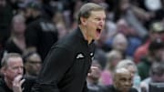 Mar 23, 2025; Seattle, WA, USA;  Oregon Ducks head coach Dana Altman reacts from the sideline against the Arizona Wildcats in the second half at Climate Pledge Arena. Mandatory Credit: Stephen Brashear-Imagn Images