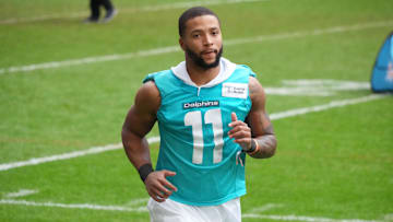 Nov 14, 2025; Madrid, Spain; Miami Dolphins safety Dante Trader Jr. (11) during practice at Estadio Riyadh Air Metropolitano in Spain.
