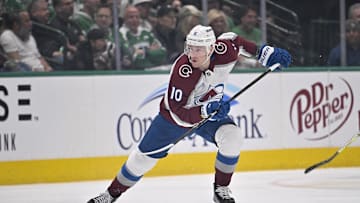 Apr 21, 2025; Dallas, Texas, USA; Colorado Avalanche center Charlie Coyle (10) in action during the game between the Dallas Stars and the Colorado Avalanche in game two of the first round of the 2025 Stanley Cup Playoffs at American Airlines Center. Mandatory Credit: Jerome Miron-Imagn Images