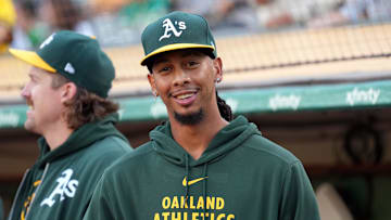 Aug 23, 2024; Oakland, California, USA; Oakland Athletics relief pitcher Osvaldo Bido (45) before the game against the Milwaukee Brewers at Oakland-Alameda County Coliseum. Mandatory Credit: Darren Yamashita-Imagn Images