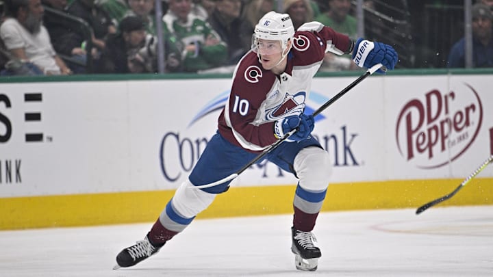 Apr 21, 2025; Dallas, Texas, USA; Colorado Avalanche center Charlie Coyle (10) in action during the game between the Dallas Stars and the Colorado Avalanche in game two of the first round of the 2025 Stanley Cup Playoffs at American Airlines Center. Mandatory Credit: Jerome Miron-Imagn Images