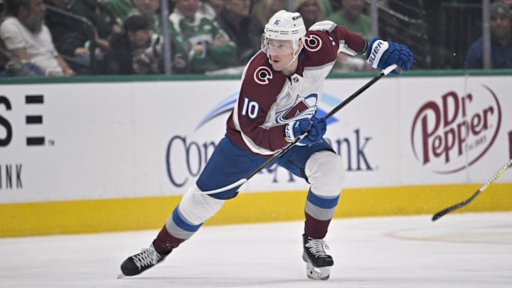 Apr 21, 2025; Dallas, Texas, USA; Colorado Avalanche center Charlie Coyle (10) in action during the game between the Dallas Stars and the Colorado Avalanche in game two of the first round of the 2025 Stanley Cup Playoffs at American Airlines Center. Mandatory Credit: Jerome Miron-Imagn Images