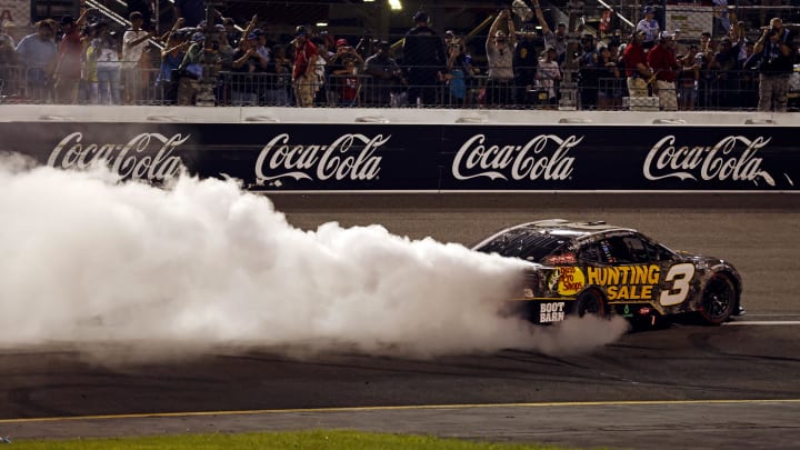 Aug 11, 2024; Richmond, Virginia, USA; NASCAR Cup Series driver Austin Dillion (3) celebrates winning the Cook Out 400 at Richmond Raceway. Photo Credit