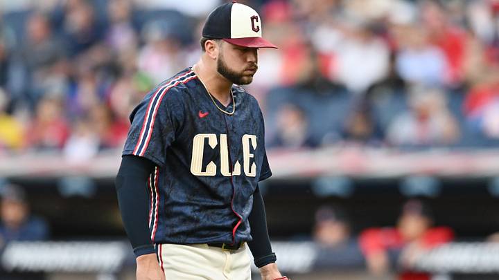 May 29, 2026: Cleveland Guardians starting pitcher Slade Cecconi (44) walks to the dugout after being relieved during the fifth inning against the Boston Red Sox at Progressive Field. 