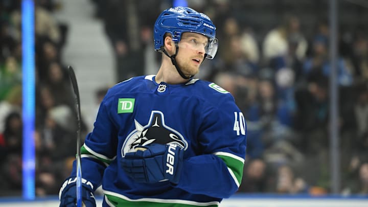 Vancouver Cancuks star forward Elias Pettersson is top-of-mind in Detroit. Mandatory Credit: Simon Fearn-Imagn Images