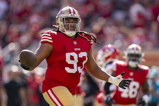 San Francisco 49ers defensive tackle Kalia Davis (93) celebrates an interception against the Kansas City Chiefs during the fi