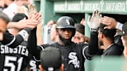 Apr 19, 2025; Boston, Massachusetts, USA; Chicago White Sox center fielder Luis Robert Jr. (88) celebrates his two-run home run during the seventh inning against the Boston Red Sox at Fenway Park. Mandatory Credit: Eric Canha-Imagn Images