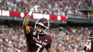 Aug 30, 2025; College Station, Texas, Texas A&M Aggies wide receiver KC Concepcion (7) celebrates after a touchdown in the second quarter against the UTSA Roadrunners USA; at Kyle Field. Mandatory Credit: Sean Thomas-Imagn Images