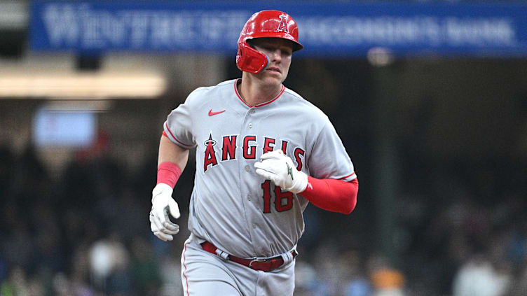 Apr 30, 2023; Milwaukee, Wisconsin, USA; Los Angeles Angels first baseman Jake Lamb (18) rounds the