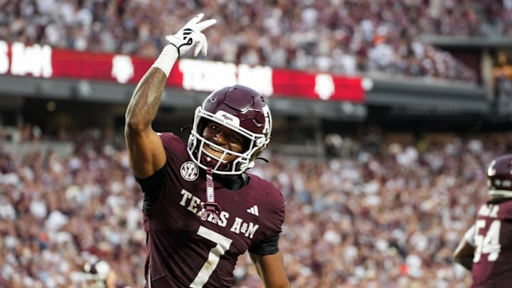 Texas A&M Aggies wide receiver KC Concepcion (7) celebrates after a touchdown in the second quarter against the UTSA Roadrunners USA; at Kyle Field. Texas A&M Aggies wide receiver KC Concepcion (7) celebrates after a touchdown in the second quarter against the UTSA Roadrunners USA; at Kyle Field.