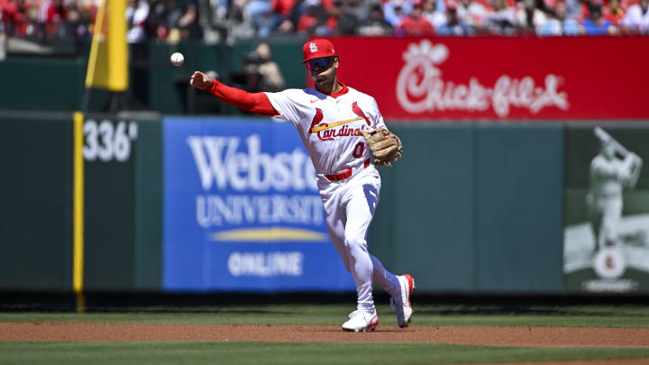 Apr 6, 2024; St. Louis, Missouri, USA;  St. Louis Cardinals shortstop Masyn Winn (0) throws against