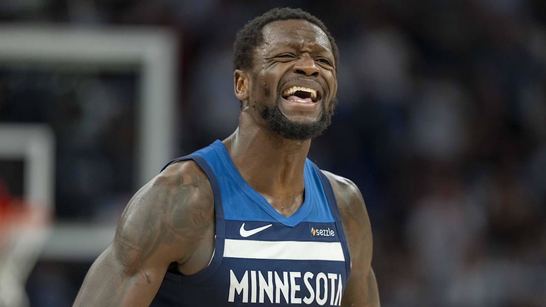 Apr 25, 2025; Minneapolis, Minnesota, USA; Minnesota Timberwolves forward Julius Randle (30) reacts after a foul is called against the Los Angeles Lakers in the first half during game three of first round for the 2024 NBA Playoffs at Target Center. Mandatory Credit: Jesse Johnson-Imagn Images