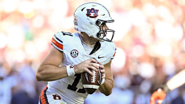 Sep 27, 2025; College Station, Texas, USA; Auburn Tigers quarterback Jackson Arnold (11) looks to pass the ball during the second half against the Texas A&M Aggies at Kyle Field. Mandatory Credit: Maria Lysaker-Imagn Images 