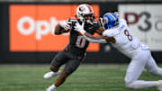 Nov 9, 2024; Corvallis, Oregon, USA; Oregon State Beavers running back Anthony Hankerson (0) runs the ball during the first quarter against the San Jose State Spartans at Reser Stadium. Mandatory Credit: Craig Strobeck-Imagn Images