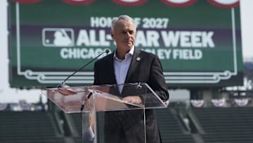 Aug 1, 2025; Chicago, IL, USA;  Baseball commissioner Rob Manfred announces Major League Baseball and the Chicago Cubs will host the 2027 All Star game at Wrigley Field. Mandatory Credit: David Banks-Imagn Images
