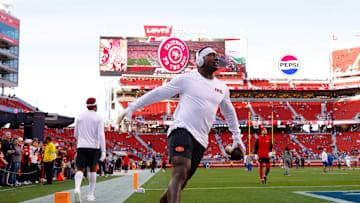 Dec 30, 2024; Santa Clara, California, USA; San Francisco 49ers wide receiver Deebo Samuel Sr. (1) during the game against the Detroit Lions at Levi's Stadium. Mandatory Credit: Sergio Estrada-Imagn Images